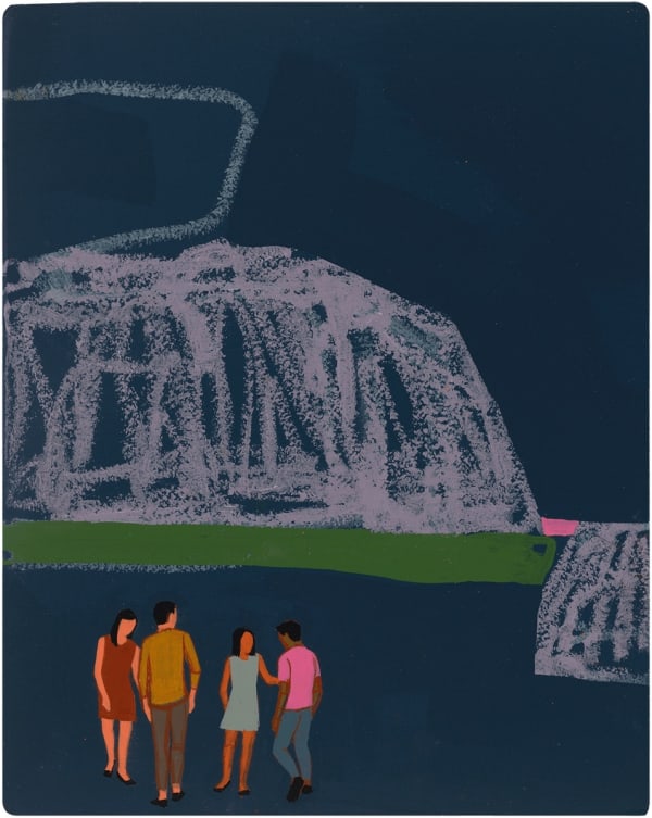 4 people standing with a dark blue background and sketched out hill forms