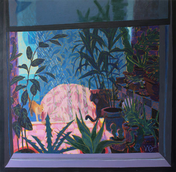 painting of a bathroom window, surrounded by various plants and a shower running by Nicholas Bono Kennedy