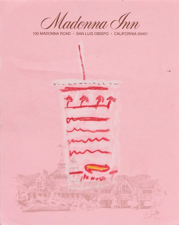 Drawing of an In n Out cup on pink hotel stationery