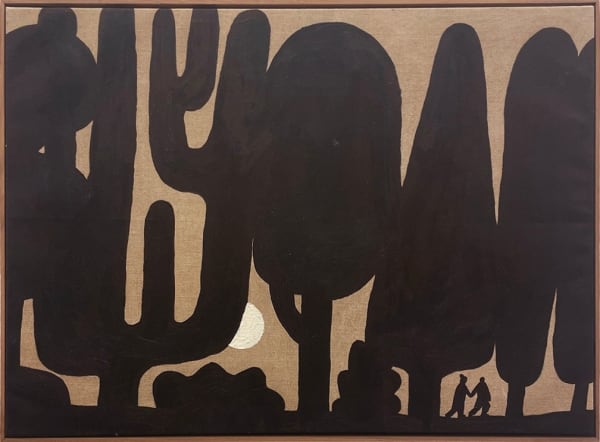 Carissa Potter Carlson painting in black on raw canvas. Silhouettes of trees and two figures standing, moon is visible