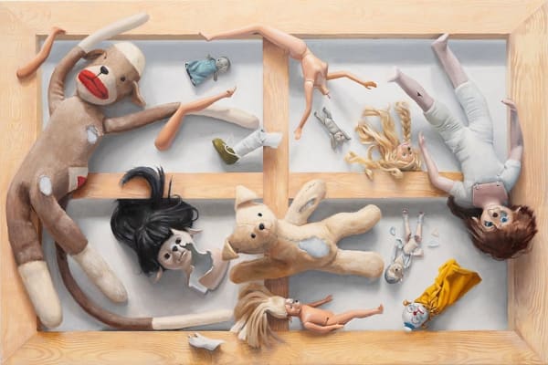 painting of broken dolls and stuffed animals suspended in the air