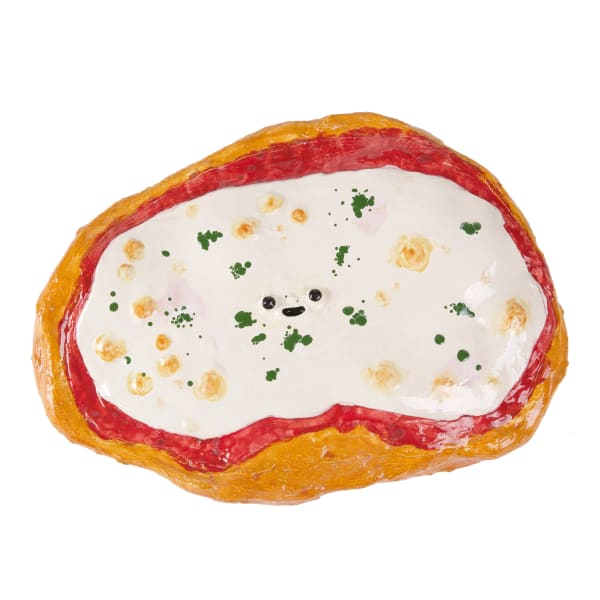 Katie Kimmel ceramic sculpture of chicken parmesan with cartoon eyes