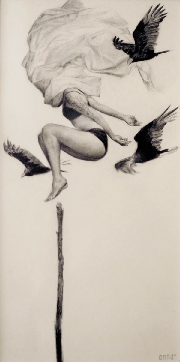 Karla Ortiz graphite drawing of figure jumping and birds