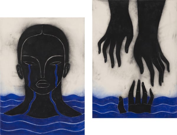 Hilda Palafox diptych of face of black hair and black faced woman crying blue tears into body of water / second piece is of two hands extending down into blue body of water, with a third hand reaching up