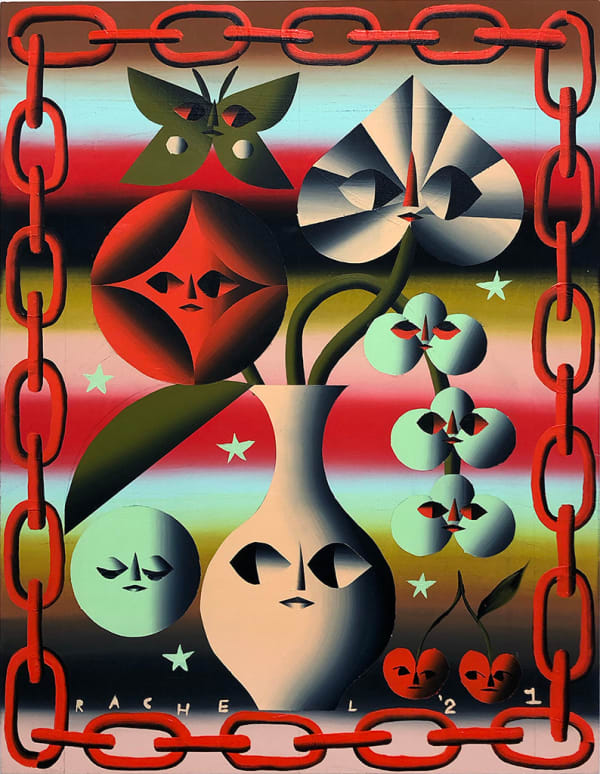 Rachel Hayden painting of floral arrangement with faces