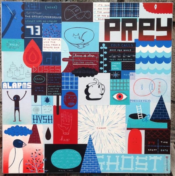 Jim Houser blue and red painting with text and figures
