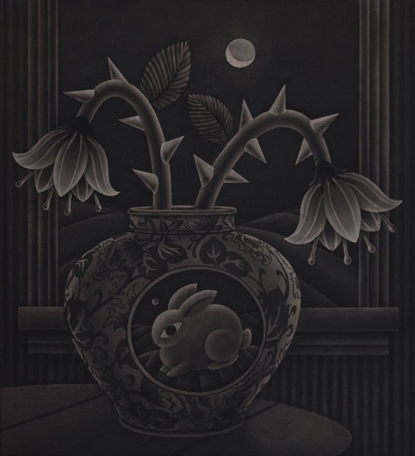 black and white painting of a vase decorated with a rabbit and holding thorny flowers
