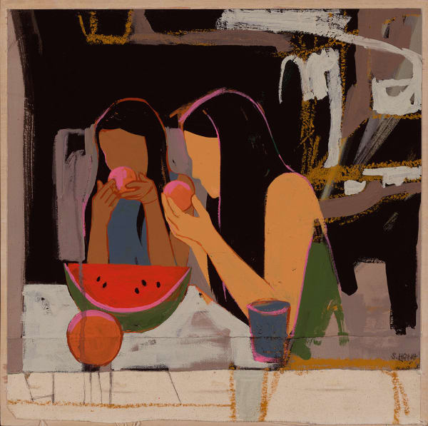 Painting of two women eating oranges over a table with a watermelon on it