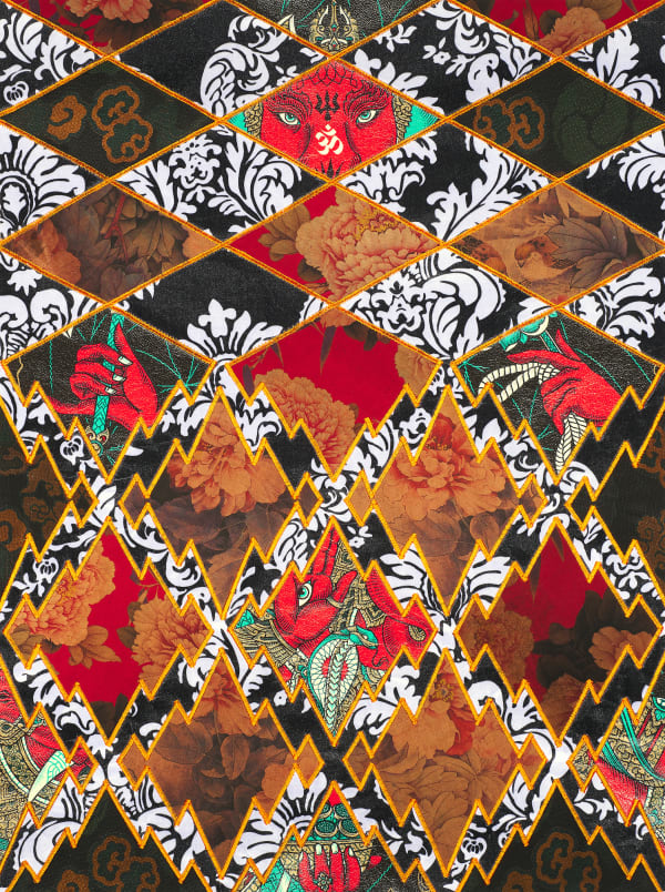 Ben Venom's textile of a geometric pattern with orange and black fabric