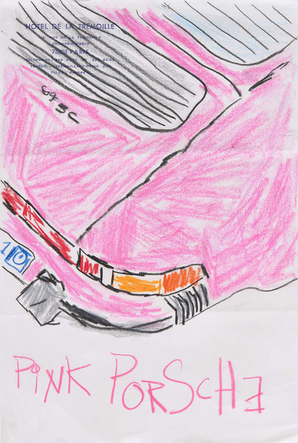 Drawing of the back of a pink Porsche with the words "PINK PORSCHE" written underneath on hotel stationery