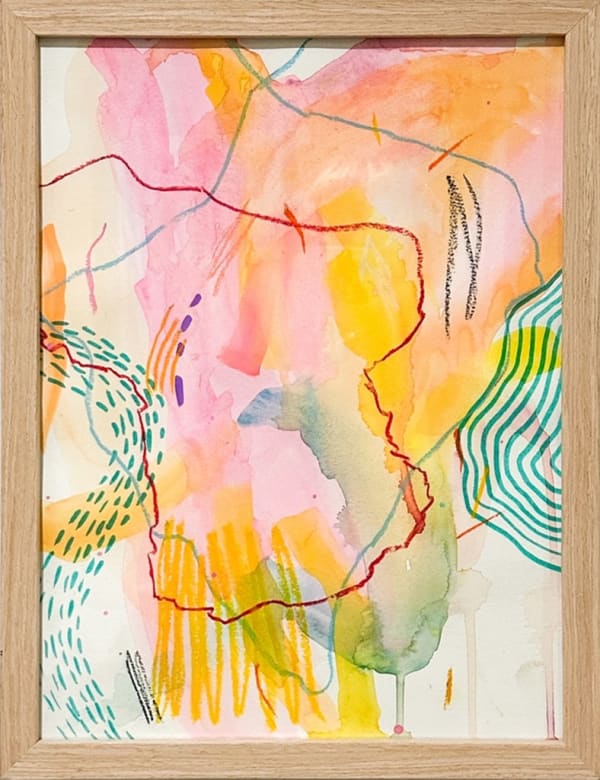 abstract painting with pink, yellow, blue, and red lines by Jen Dwyer