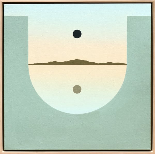 Painting by Madeleine Tonzi with a muted green, blue, and orange palette with upside down archway at the top