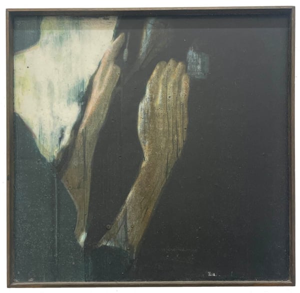 Painting of a woman putting her hands onto the chest of someone wearing a suit