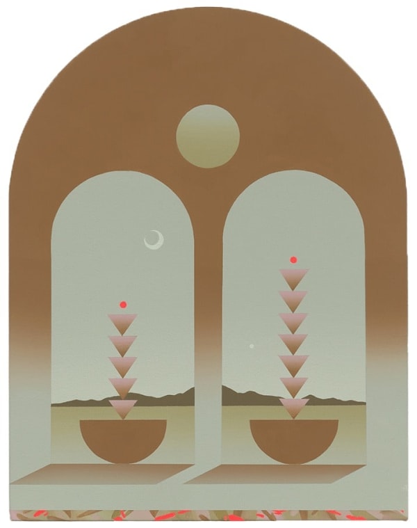 Madeleine Tonzi - brown and teal shades painting of two arches with each a stacked triangles on half circle structure, behind them is the landscape with moon above.
