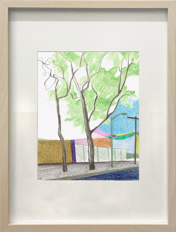 framed drawing - sketch two trees on a sidewalk with street lamps