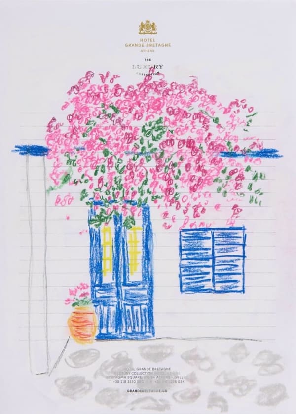 sketch of blue door with a large growth of pink flowers above on hotel stationary