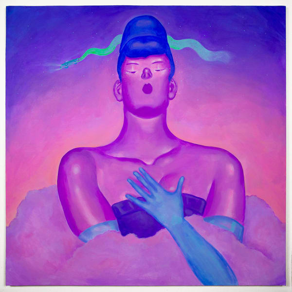 Painting of a woman in bright purple wearing a strapless dress, long gloves and a boa on a pink and purple background