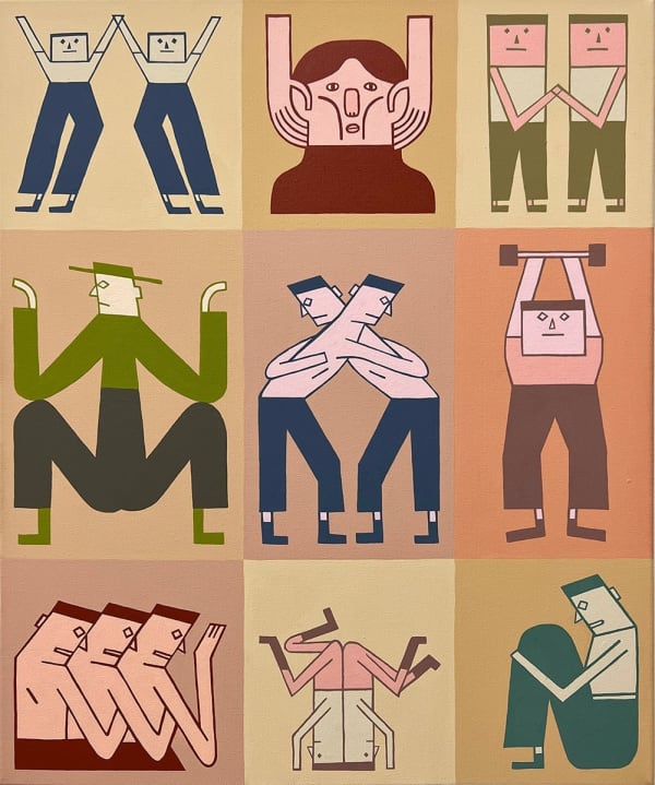 painting divided into 9 sections each showing different figures with square heads