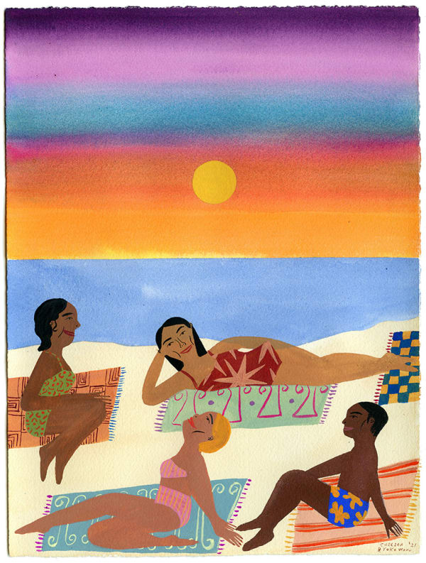 Chelsea Wong painting of bathers at beach during sunset