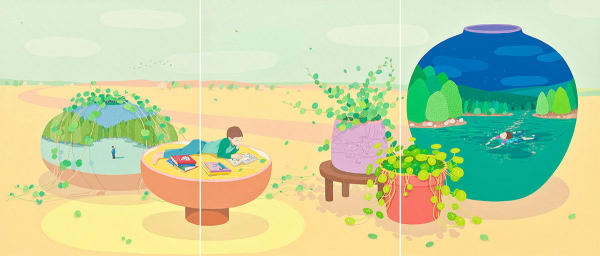 Danym Kwon - A 3 panels painting of vases, plants, and a bowl with back ground of low saturated green sky and yellow landscape. From left to right, a vase with greens and painted scenery of a person in snowy forest on it; a person laying on a bowl of noodle reading; two potted plants; an empty vase with painted scenery of a person swimming in a lake surrounded by forest.