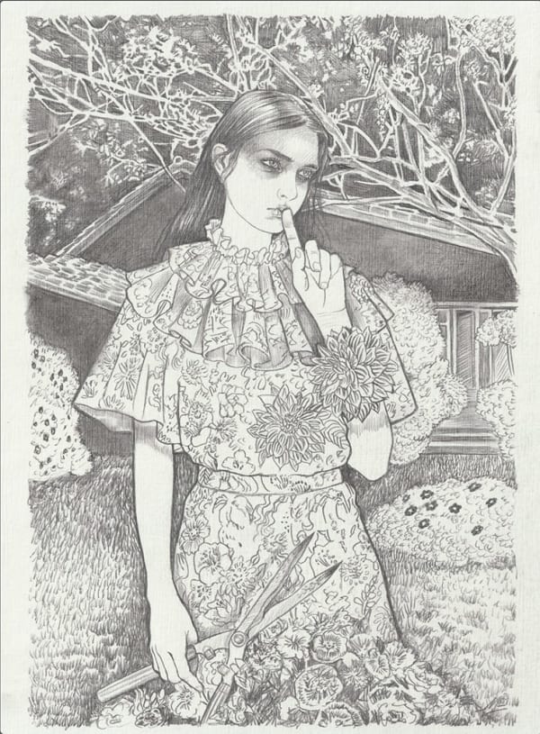 Drawing of a woman with her hand pointing to her lips and the other is holding a pair of sheers. . There si a tree and a small house n the background