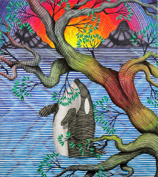 Painting of an orca breaching out of the water with a tree in the foreground and a setting sun and two mountains in the background by Andrew Schoultz