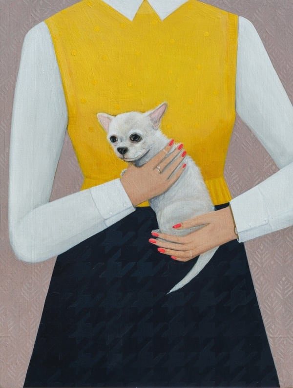 painting of a woman wearing a yellow sweater vest and white collard shirt holding a small white dog in their arms by Angela Burson