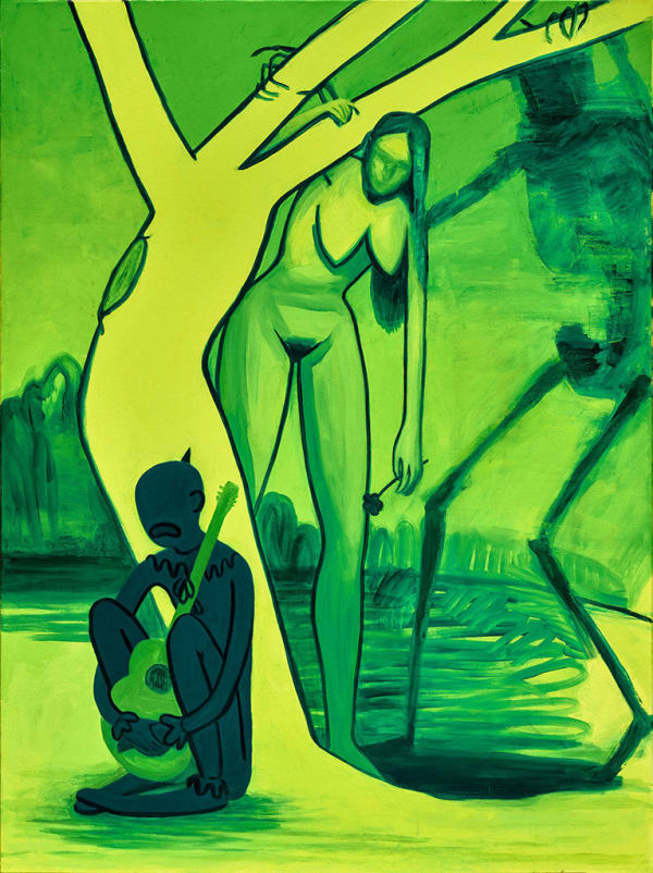 Corey K. Lamb - geen painting of three figures, front sat a man holding a guitar; behind him, a women peak from the right side of a tree; behind her, a shadow hovering her crouching towards the tree.