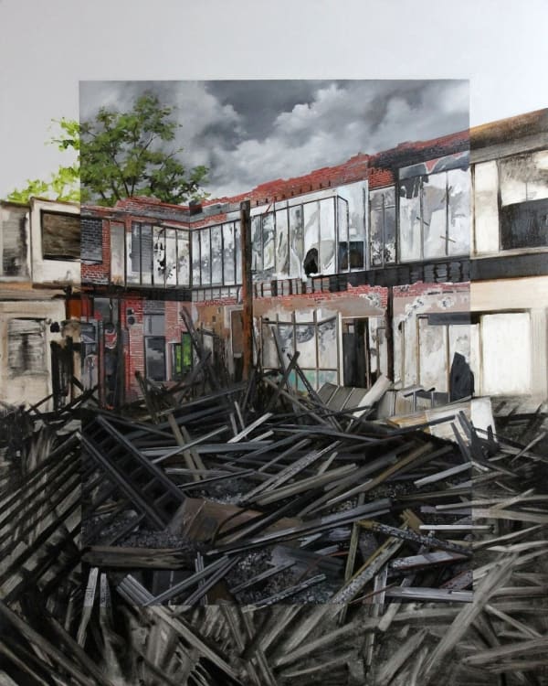 Jessica Hess painting of building fire remnants