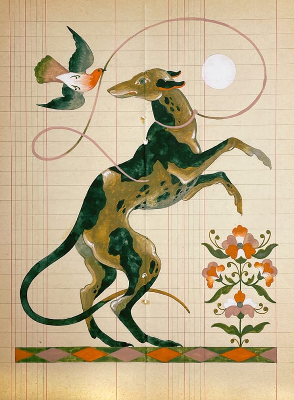 watercolor and gouache painting by artist Lou Benesch depicting a narrow, elongated brown and black spotted dog, a red white and black sparrow, and a red flower on antique paper