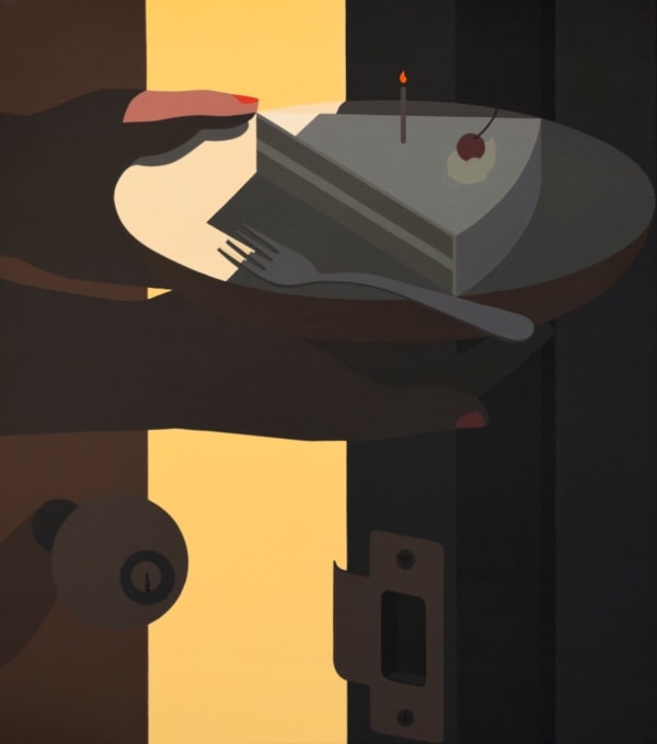 Painting of a hand reaching out of an open door holding a plate with a piece of cake with a fork and a lite birthday candle