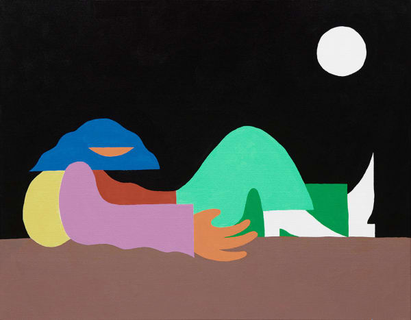 a painting of a figure laying down on her back, resting against a yellow pillow, her arm against her right side. It's night time, and she rests on a brown ground, the black night sky behind her, a white moon in the upper right corner.
