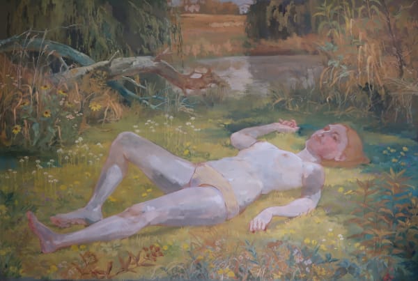 Painting of a half naked woman laying in the grass on her back facing the sky. There are several plants and small flowers surrounding her. She has yellow underwear on and orange short hair.