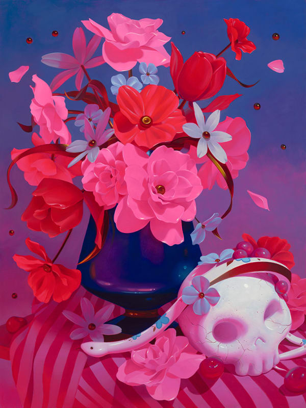Megan Ellen MacDonald "Permanent Impermanence" painting of pink and red floral arrangement in blue vase with skull on striped tablecloth