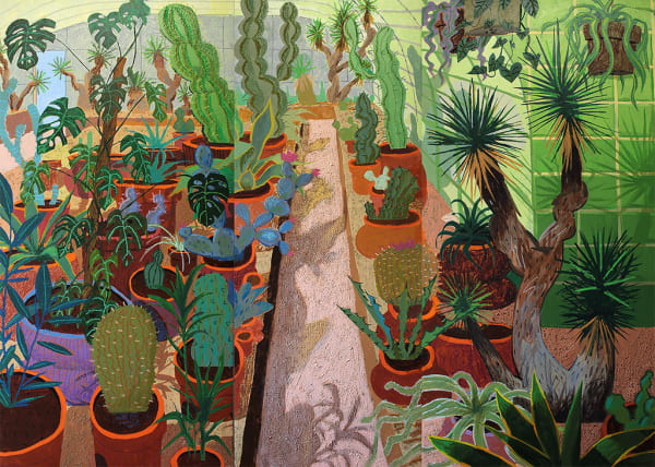 painting of a large variety of succulents, cacti, and lush plants by Nicholas Bono Kennedy