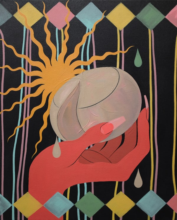 Painting of a red hand with long finger nails holding a block of queso fresco with a yellow sun behind it