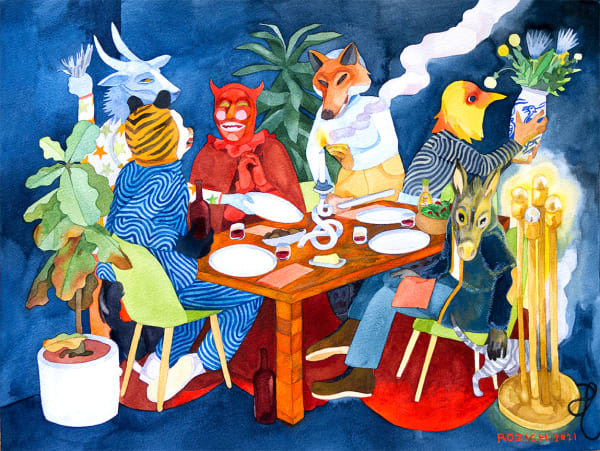 Stacey Rozich "The First Supper (In A Long Time)" watercolor and gouache on paper