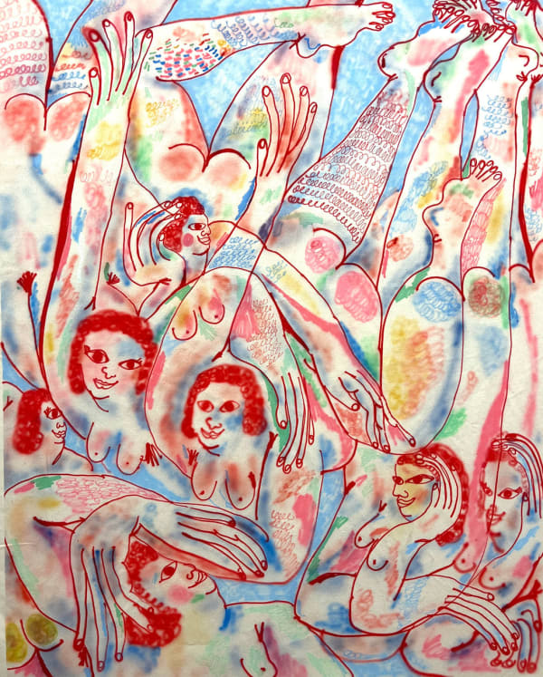 painting of nude figures in bright colors pressed together