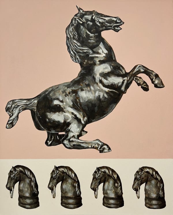 painting of a bucking horse done in grey with four horse chess pieces on the bottom