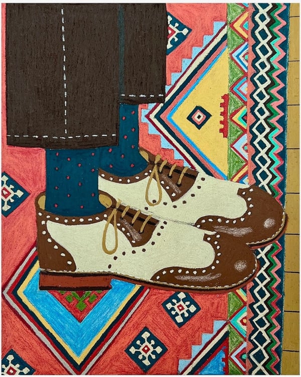 James Eddy painting of shoes on a colorful rug