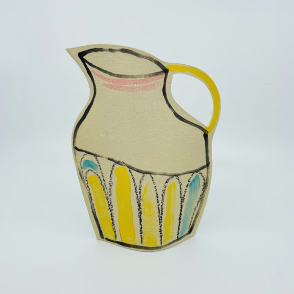 Alison Owen's sculpture of a vase with a black border and pastel colors