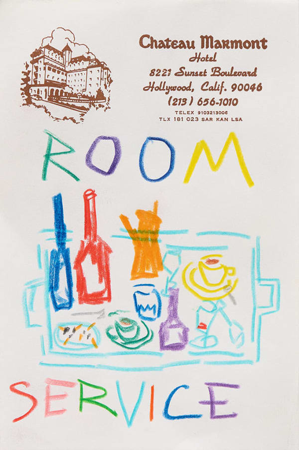 Drawing of a tray of food and beverages with the words Room Service above and below it on hotel stationery