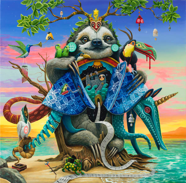 Dulk painting of sloth, toucan and armadillo on beach with sunset