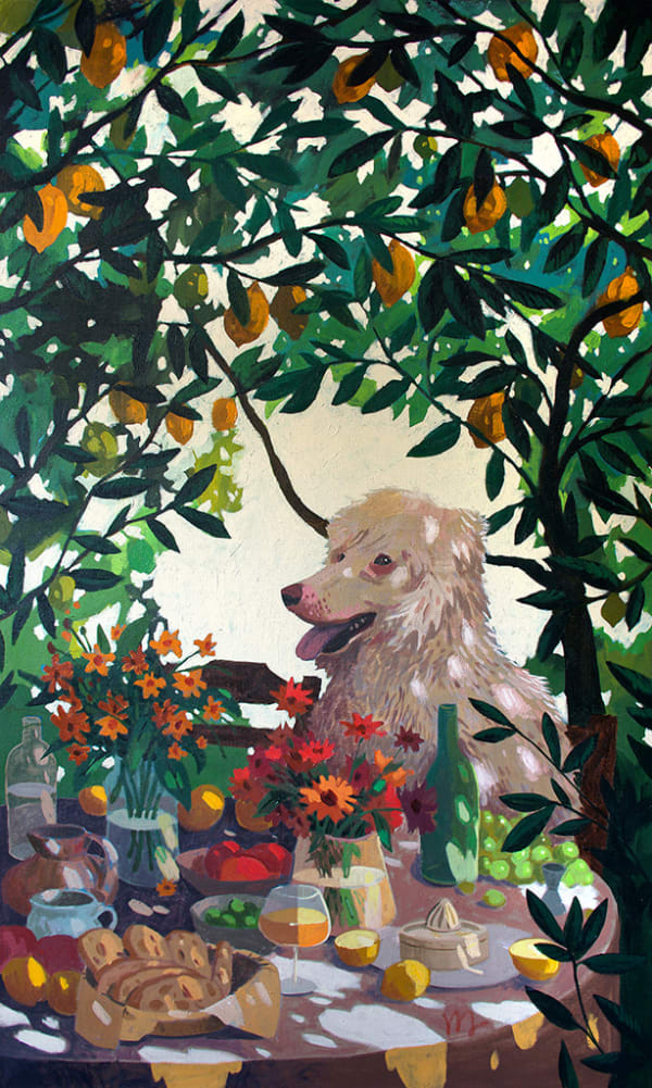 Painting of a scruffy white dog sitting under a lemon tree at a table full of food and flowers by Nicholas Bono Kennedy