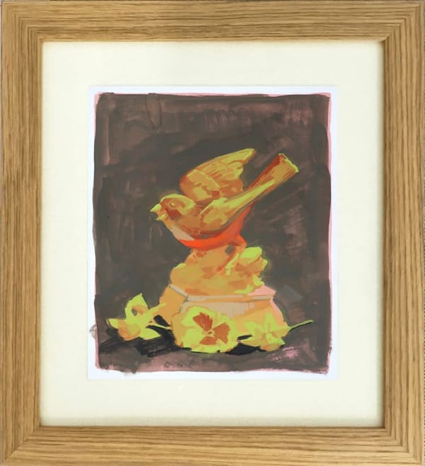 framed painting of a bird figuring over yellow cut flowers