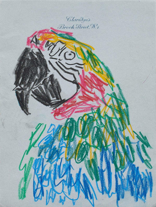 Drawing of a blue parrot on blue hotel stationery