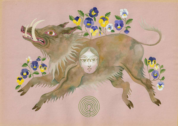 Watercolor painting of a hog with flowers coming off its back and a woman's face on the center of its stomach