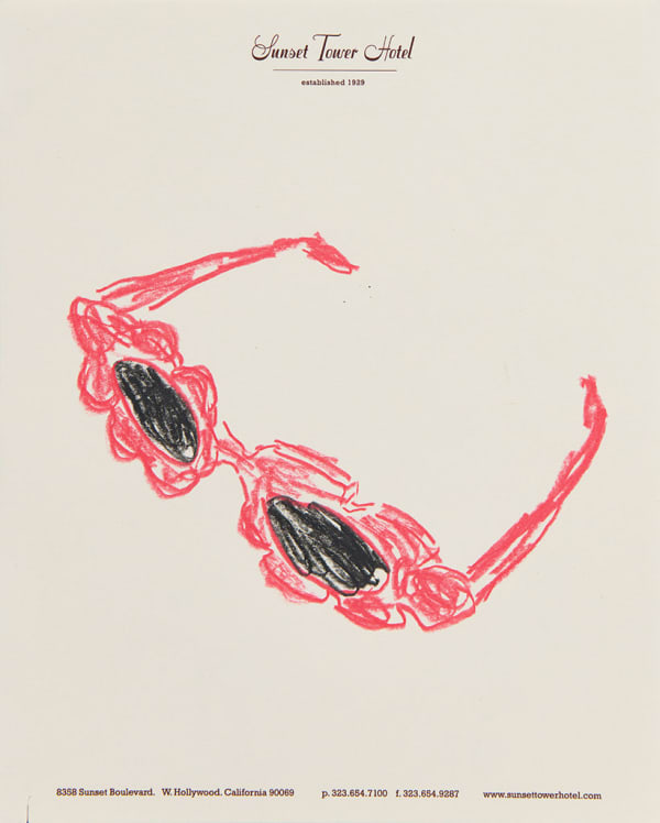 Drawing of pink sunglasses on hotel stationery