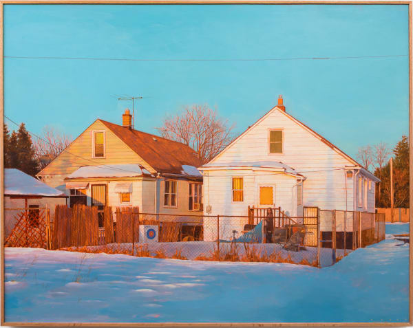 Painting of two almost identical houses in the snow. In front of one of the houses is a girl in all black holding a sign and another person on their knees in the snow holding a cross bow.