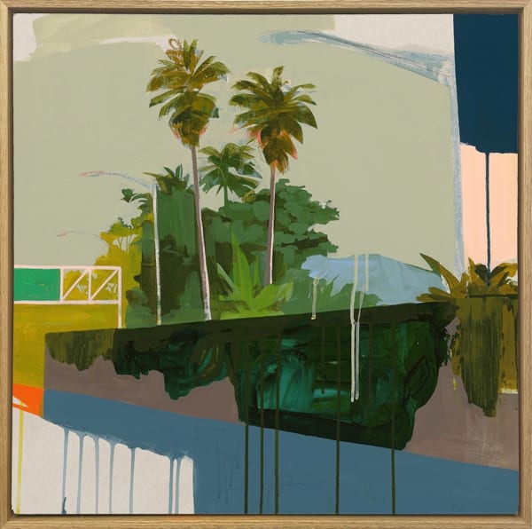 framed painting of disintegrating street landscape featuring palm trees and street lamps